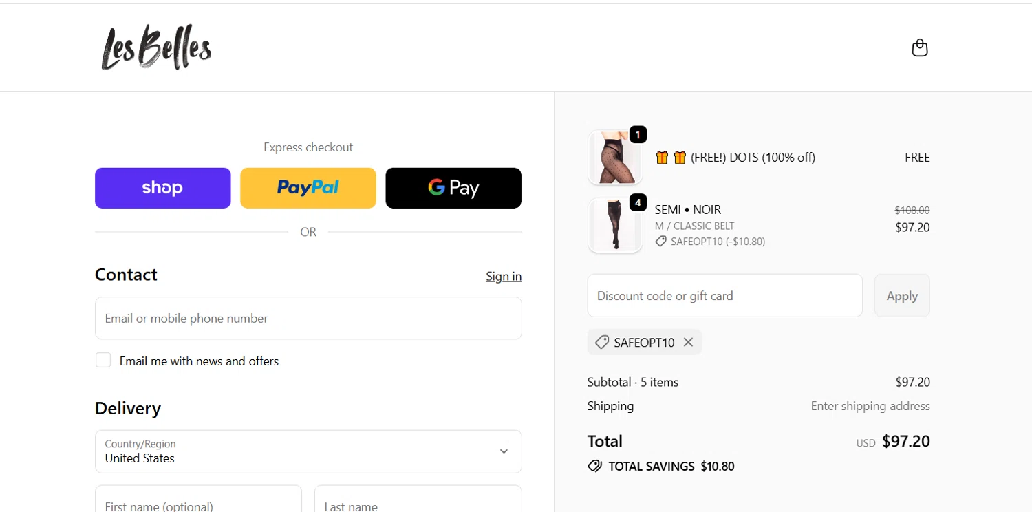Les Belles promo code screenshot showing code SAFEOPT10 applied at Les Belles checkout page. Uploaded by SimplyCodes community member CodeTiger886 on Jan 30, 2026