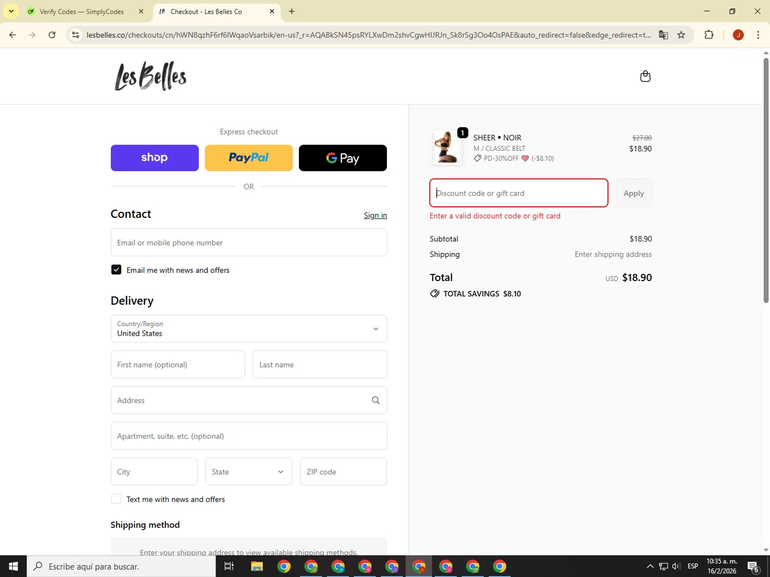 Les Belles promo code screenshot showing code SPRING20 applied at Les Belles checkout page. Uploaded by SimplyCodes community member KimDokja on Feb 16, 2026