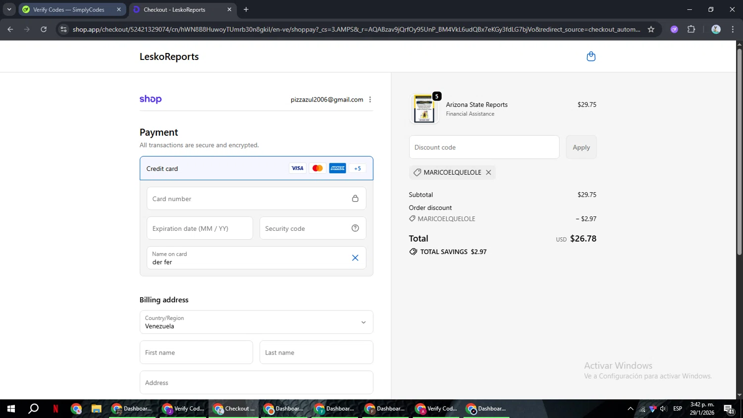 LeskoReports promo code screenshot showing code MARICOELQUELOLE applied at LeskoReports checkout page. Uploaded by SimplyCodes community member ShrewdSeeker6165 on Jan 29, 2026