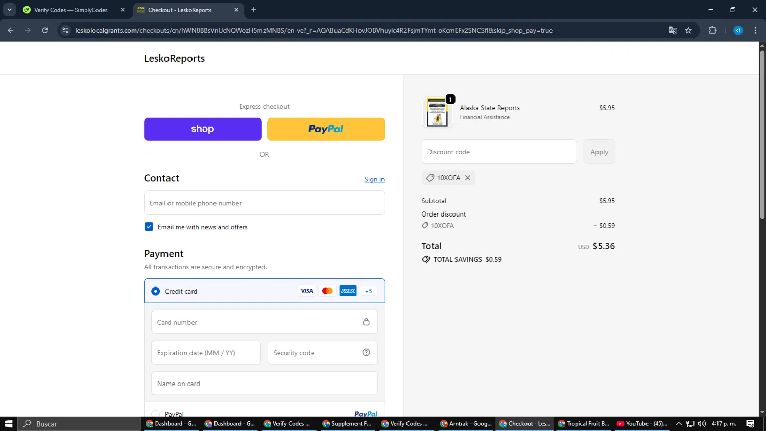 LeskoReports promo code screenshot showing code 10XOFA applied at LeskoReports checkout page. Uploaded by SimplyCodes community member Cynoxx on Jan 29, 2026