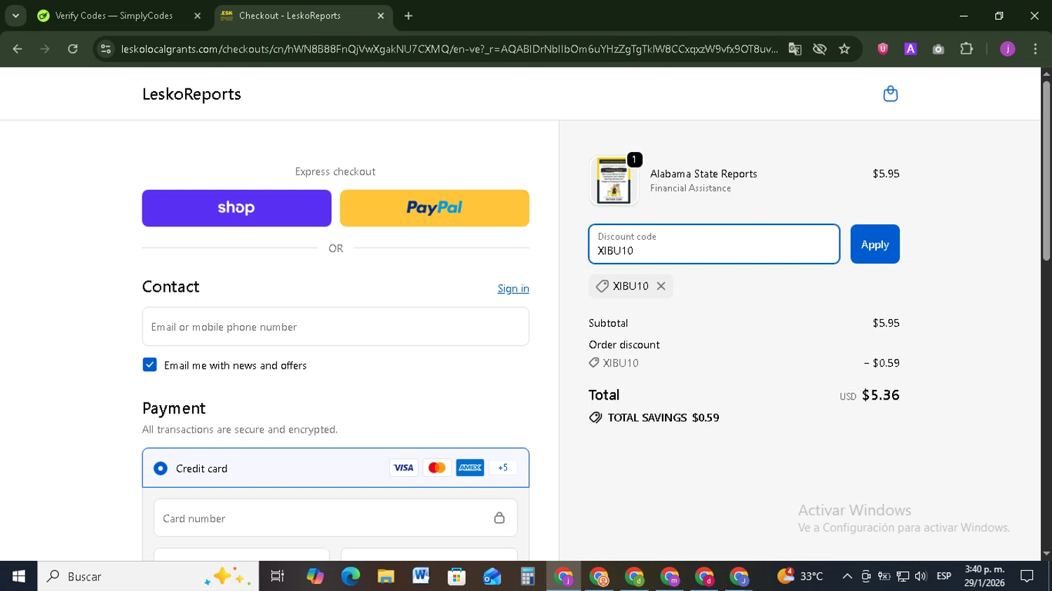 LeskoReports promo code screenshot showing code XIBU10 applied at LeskoReports checkout page. Uploaded by SimplyCodes community member Tazbravo on Jan 29, 2026