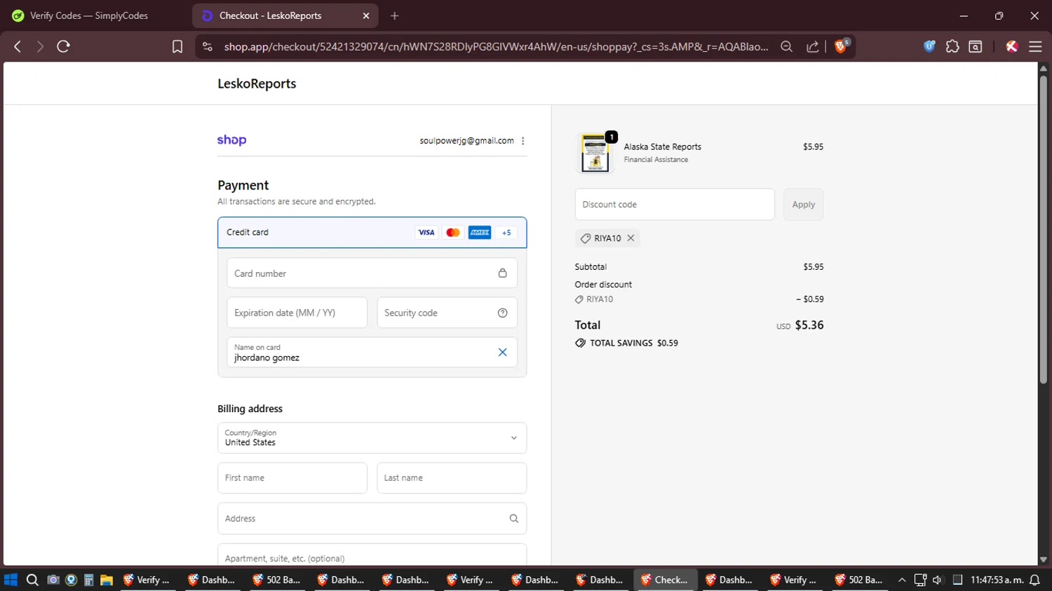 LeskoReports promo code screenshot showing code RIYA10 applied at LeskoReports checkout page. Uploaded by SimplyCodes community member Shizuku on Jan 10, 2026