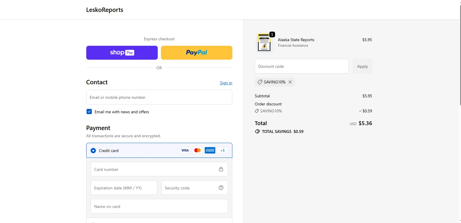 LeskoReports promo code screenshot showing code SAVING10% applied at LeskoReports checkout page. Uploaded by SimplyCodes community member MagnifiHero3476 on Jan 10, 2026