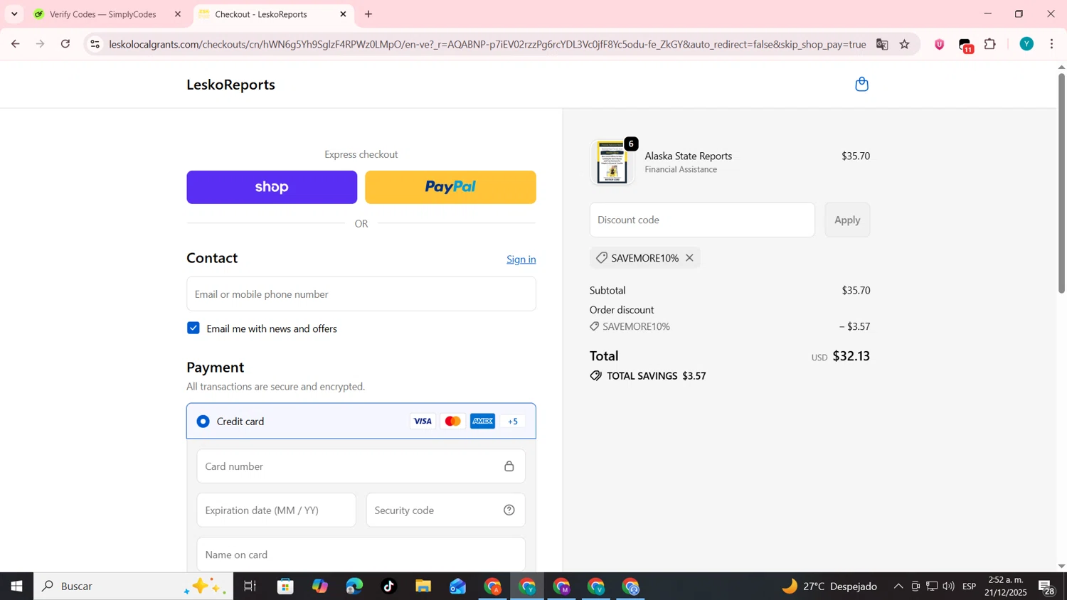LeskoReports promo code screenshot showing code SAVEMORE10% applied at LeskoReports checkout page. Uploaded by SimplyCodes community member codygakpo on Dec 21, 2025