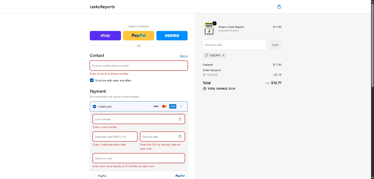 LeskoReports promo code screenshot showing code 10QUHO applied at LeskoReports checkout page. Uploaded by SimplyCodes community member PromoElite4745 on Jan 29, 2026
