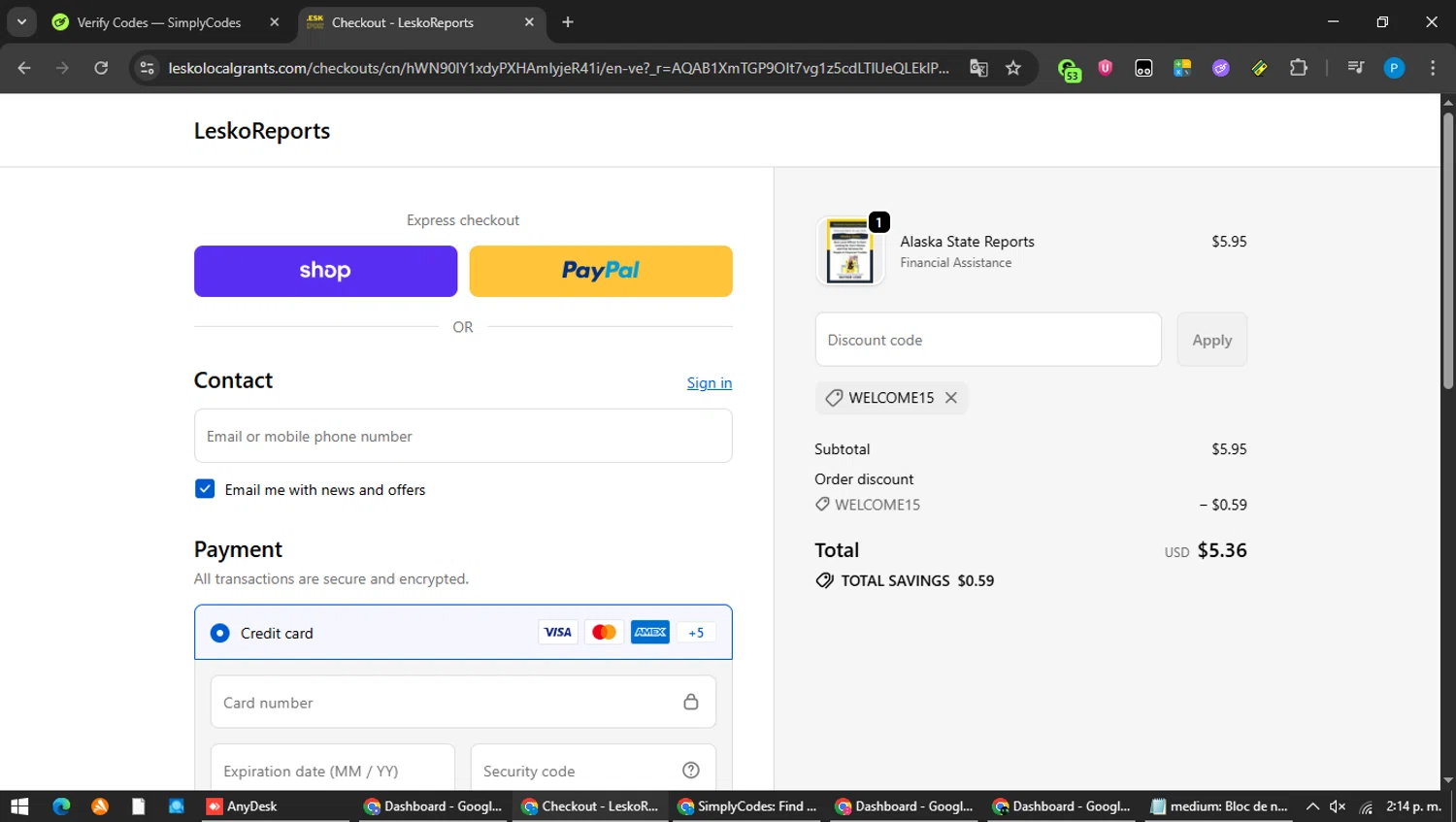 LeskoReports promo code screenshot showing code WELCOME15 applied at LeskoReports checkout page. Uploaded by SimplyCodes community member MAVESA on Feb 20, 2026