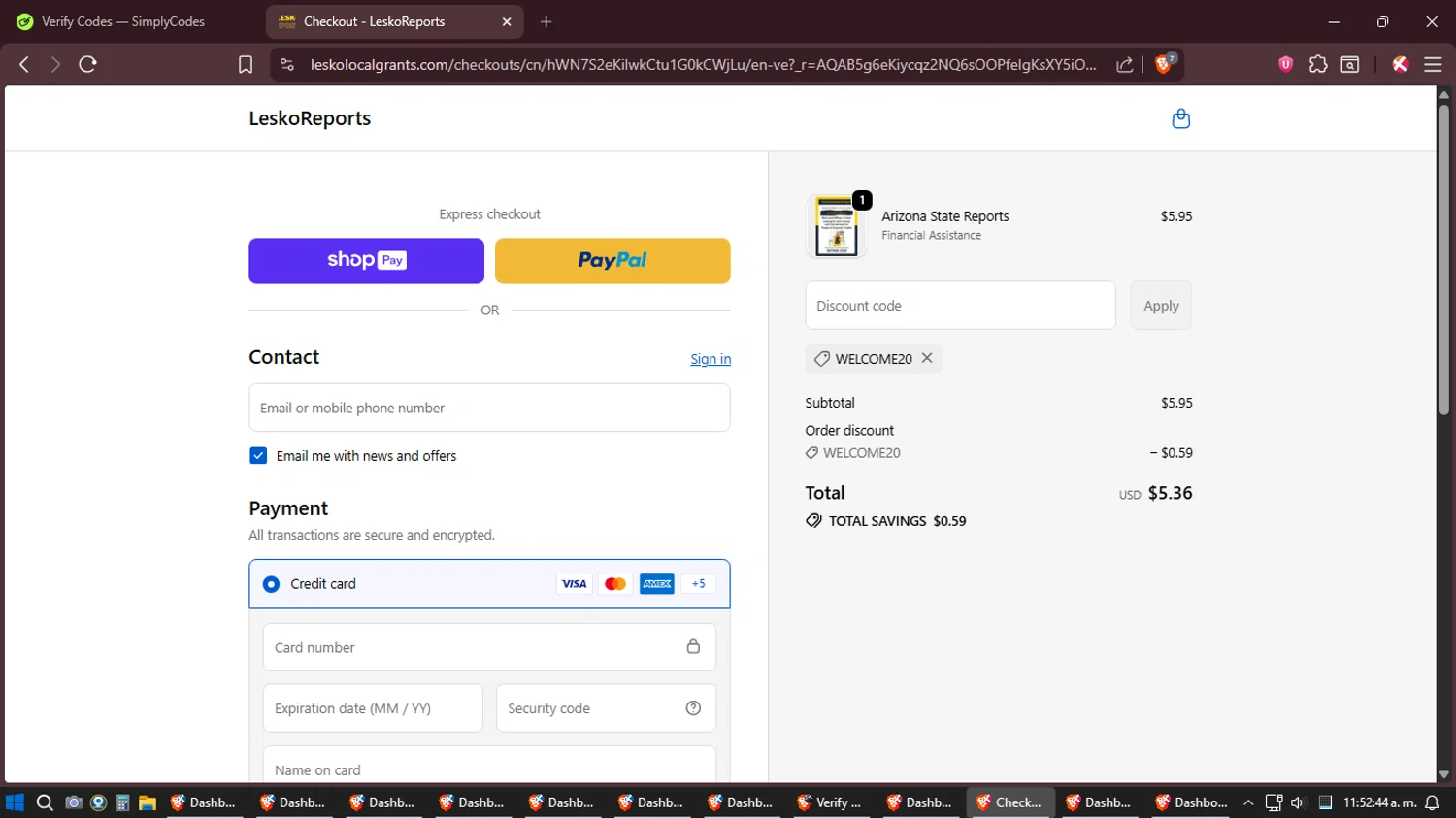 LeskoReports promo code screenshot showing code WELCOME20 applied at LeskoReports checkout page. Uploaded by SimplyCodes community member Amidamaru on Jan 10, 2026