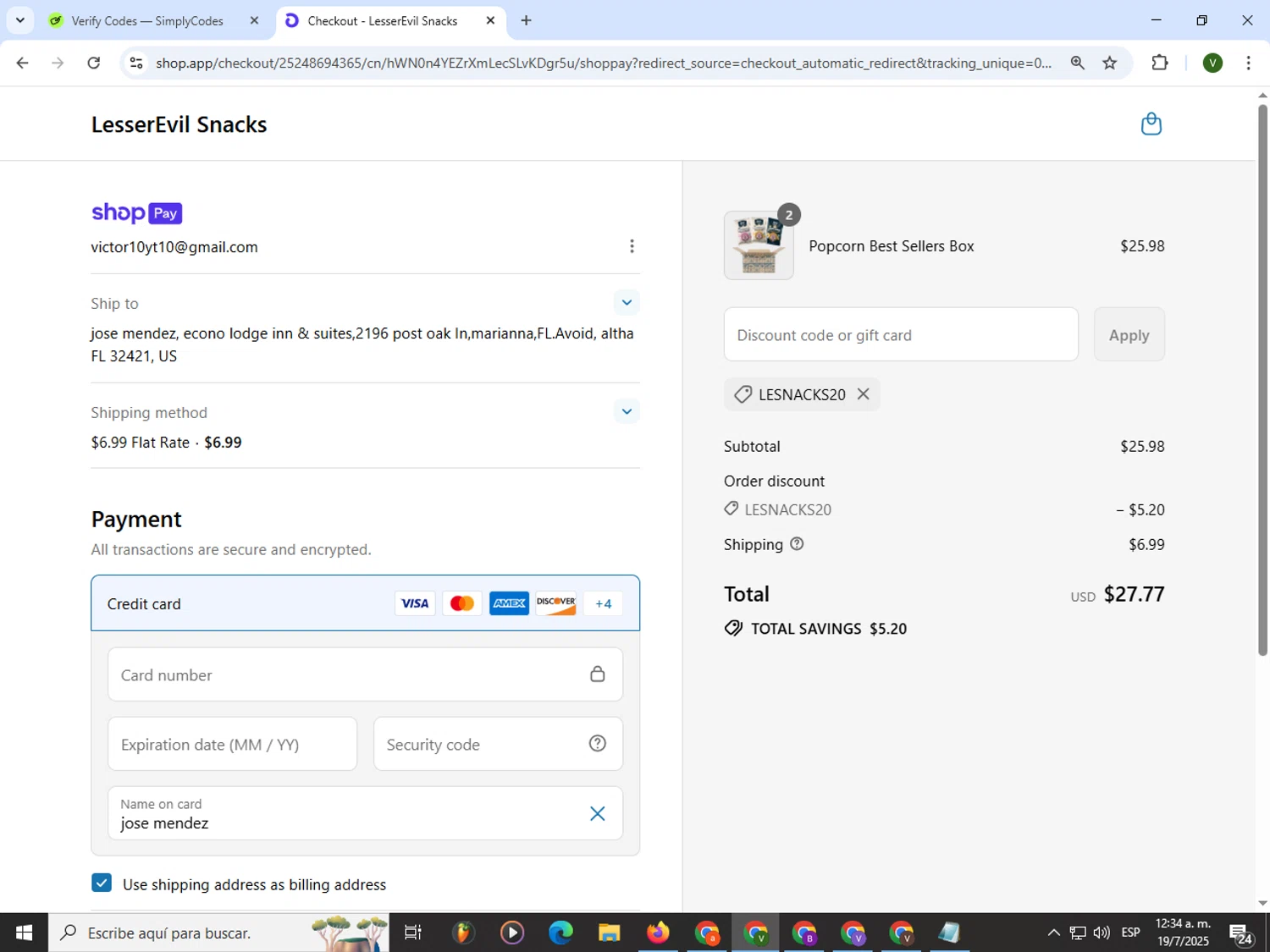LesserEvil promo code screenshot showing code LESNACKS20 applied at LesserEvil checkout page. Uploaded by SimplyCodes community member PrimeWizard4168 on Jul 19, 2025