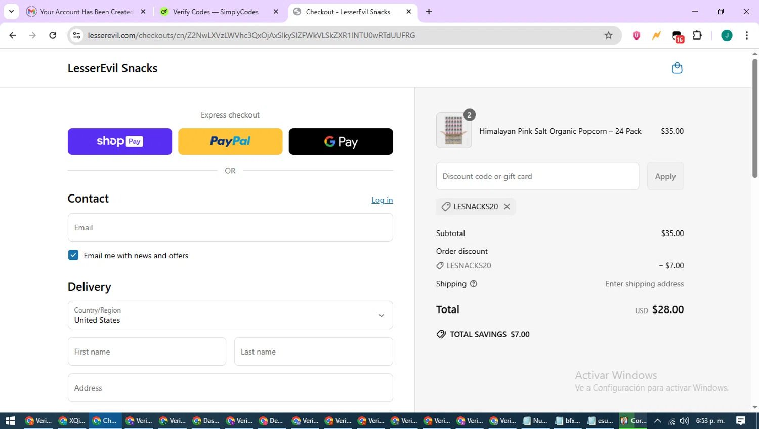 LesserEvil promo code screenshot showing code LESNACKS20 applied at LesserEvil checkout page. Uploaded by SimplyCodes community member SavvyCurator1770 on Jun 18, 2025