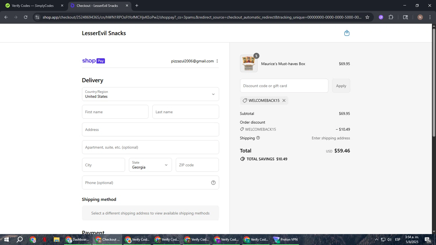 LesserEvil promo code screenshot showing code WELCOMEBACK15 applied at LesserEvil checkout page. Uploaded by SimplyCodes community member DiscountPioneer2554 on Aug 5, 2025