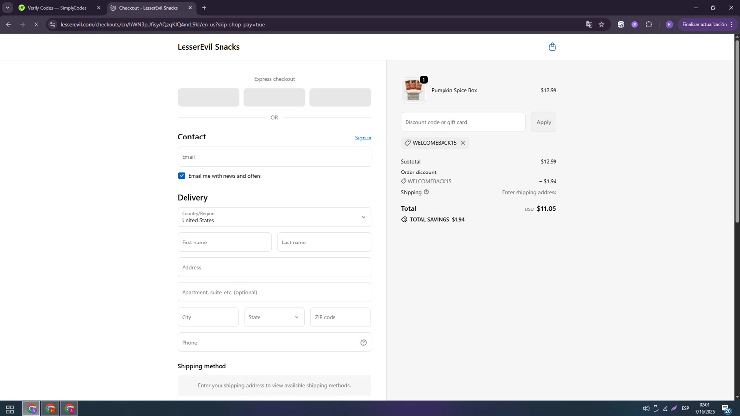 LesserEvil promo code screenshot showing code WELCOMEBACK15 applied at LesserEvil checkout page. Uploaded by SimplyCodes community member 123456 on Oct 7, 2025