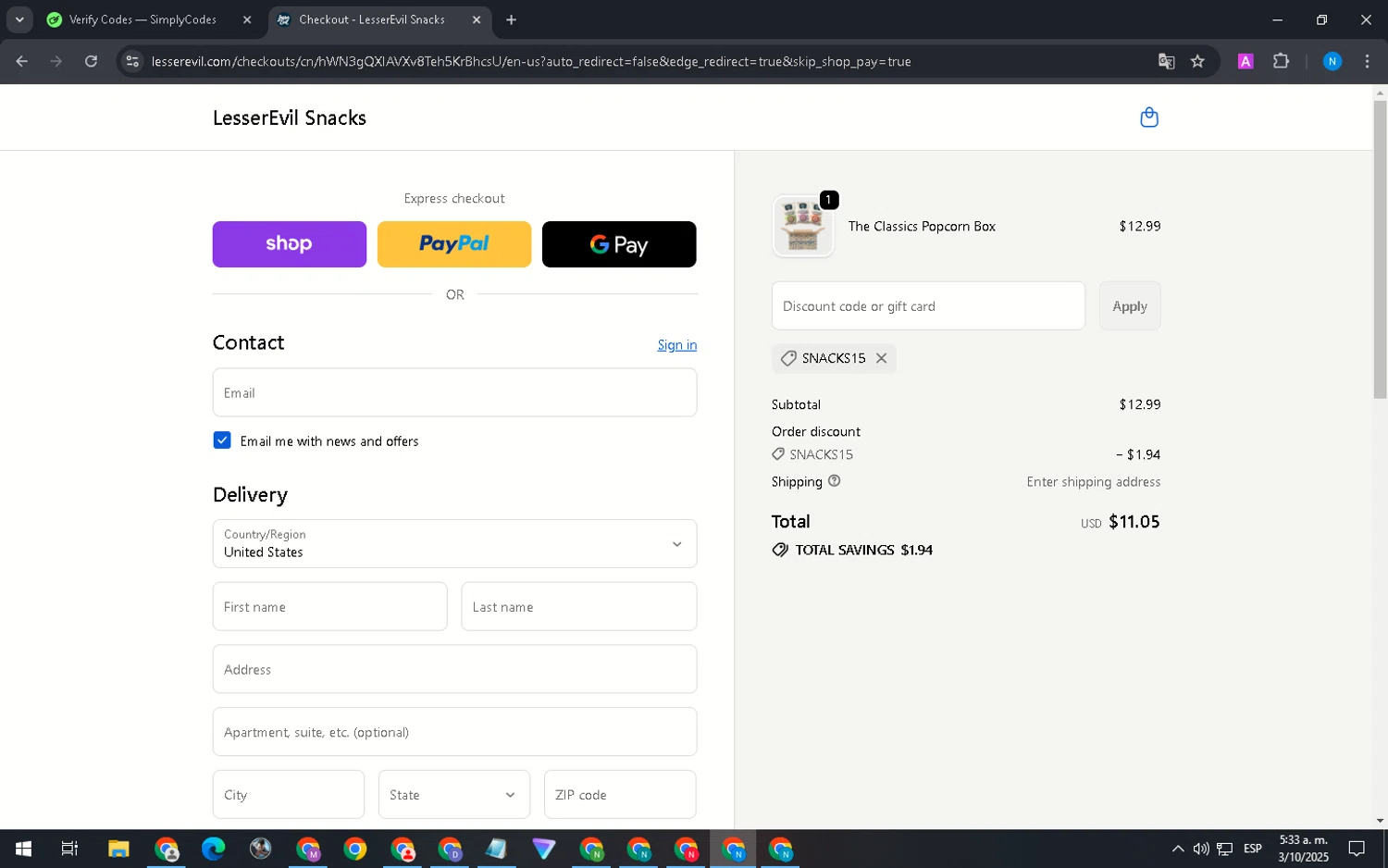 LesserEvil promo code screenshot showing code snacks15 applied at LesserEvil checkout page. Uploaded by SimplyCodes community member BudgetFalcon2125 on Oct 3, 2025
