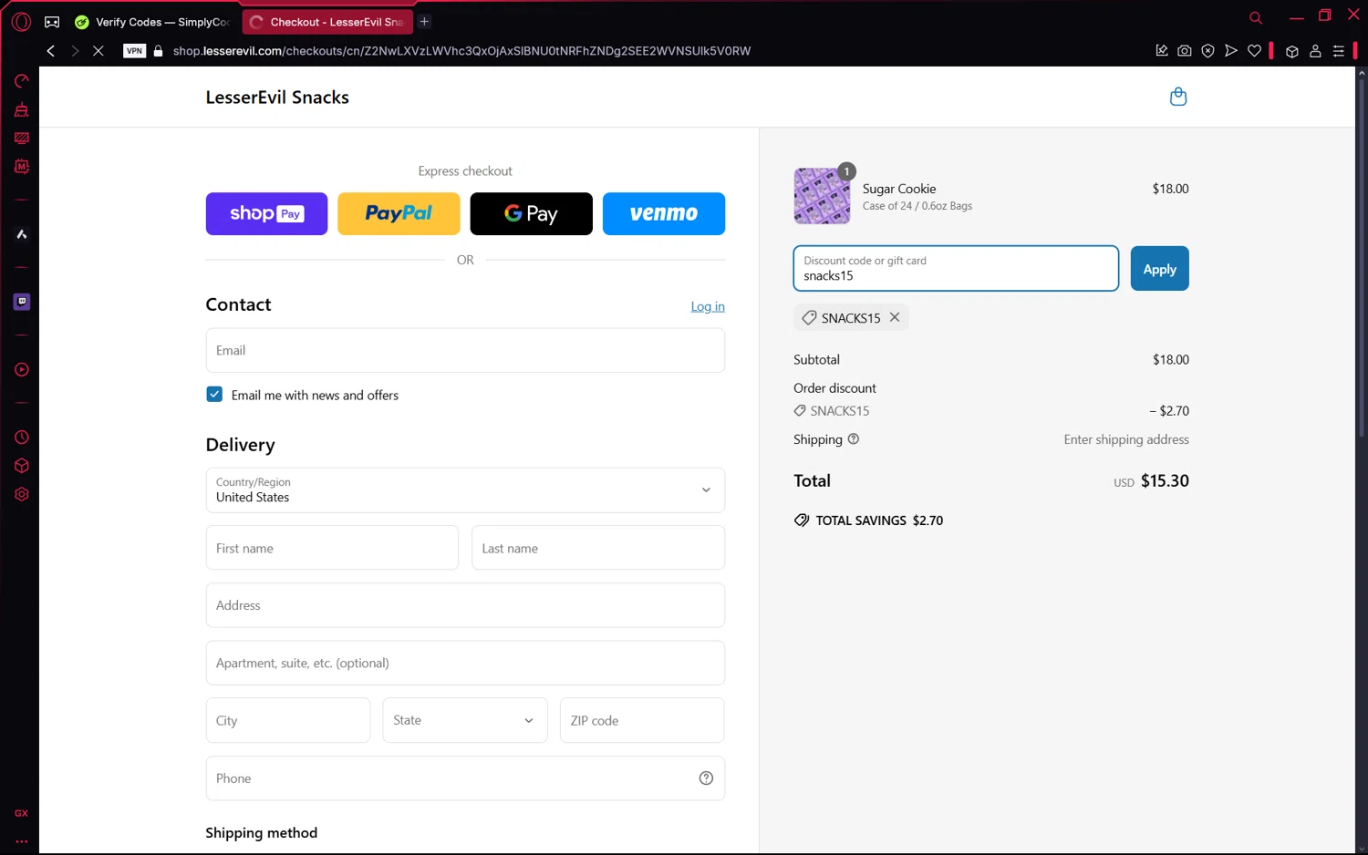 LesserEvil promo code screenshot showing code snacks15 applied at LesserEvil checkout page. Uploaded by SimplyCodes community member frijolito on Mar 18, 2025