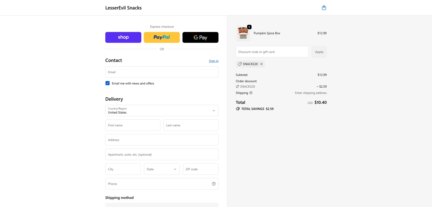 LesserEvil promo code screenshot showing code SNACKS20 applied at LesserEvil checkout page. Uploaded by SimplyCodes community member Dorothy on Nov 4, 2025