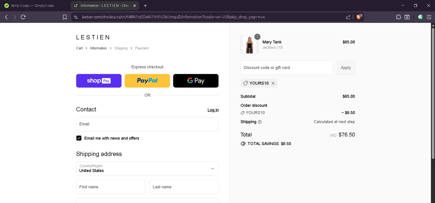 Les Tien promo code screenshot showing code YOURS10 applied at Les Tien checkout page. Uploaded by SimplyCodes community member Estefani4 on Aug 12, 2025