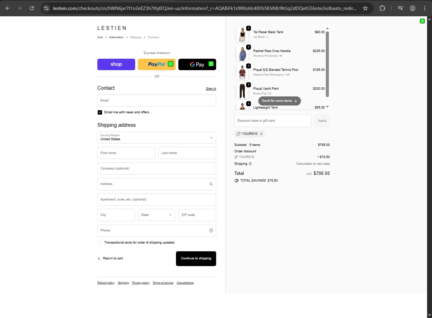 Les Tien promo code screenshot showing code YOURS10 applied at Les Tien checkout page. Uploaded by SimplyCodes community member Niideamrk on Dec 22, 2025