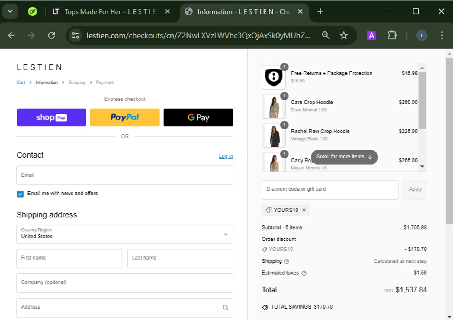 Les Tien promo code screenshot showing code YOURS10 applied at Les Tien checkout page. Uploaded by SimplyCodes community member RamonAlexander on Feb 14, 2025