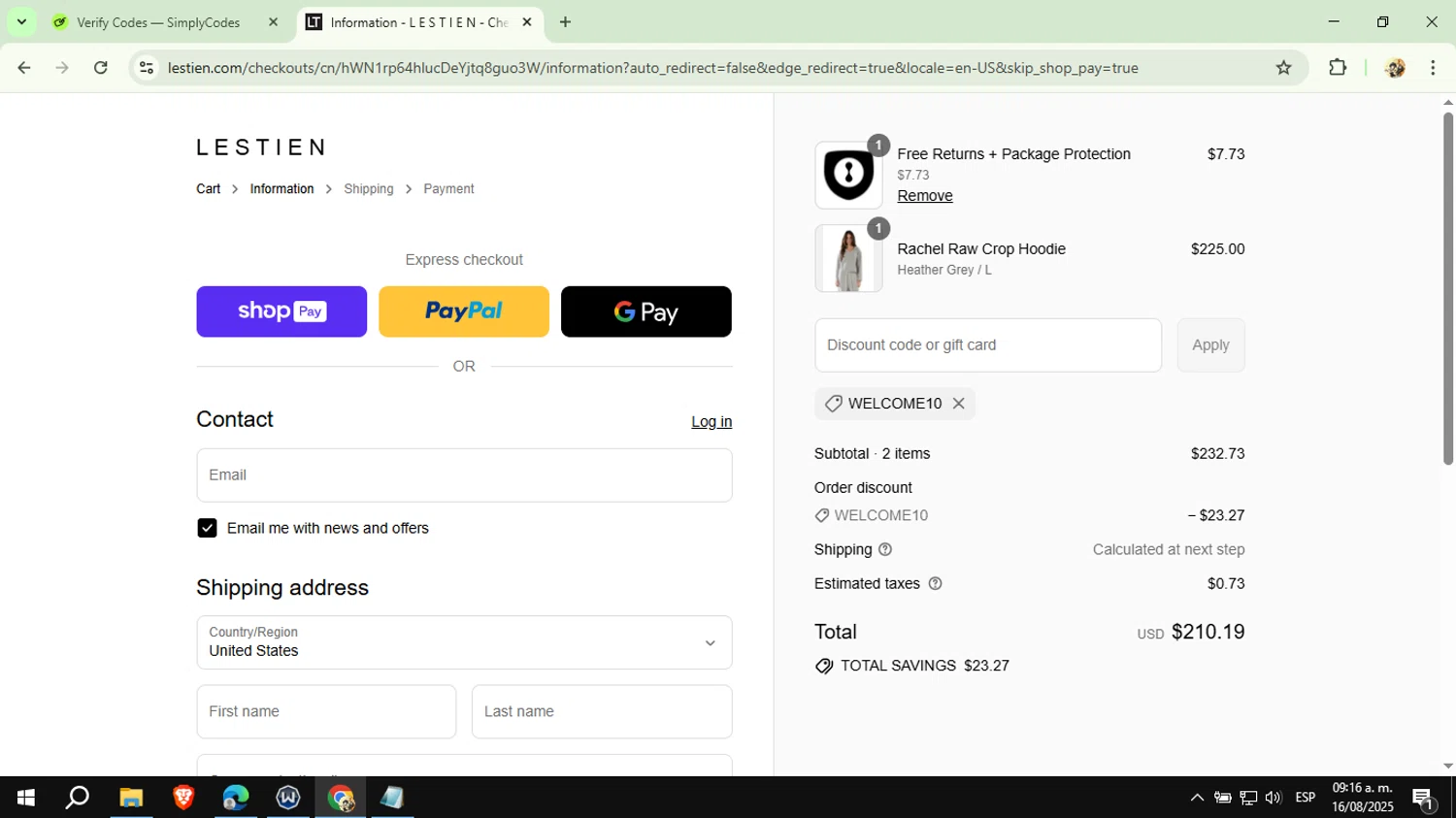 Les Tien promo code screenshot showing code WELCOME10 applied at Les Tien checkout page. Uploaded by SimplyCodes community member CashExpert3657 on Aug 16, 2025