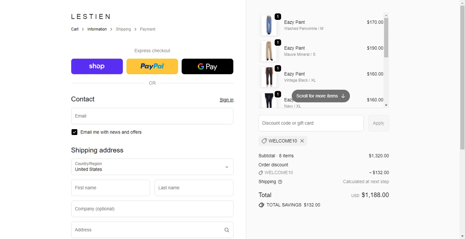 Les Tien promo code screenshot showing code WELCOME10 applied at Les Tien checkout page. Uploaded by SimplyCodes community member RewardLion6202 on Dec 22, 2025