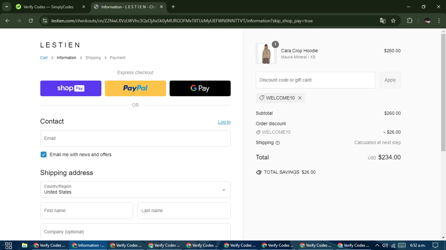 Les Tien promo code screenshot showing code WELCOME10 applied at Les Tien checkout page. Uploaded by SimplyCodes community member WonderCurator791 on Feb 14, 2025