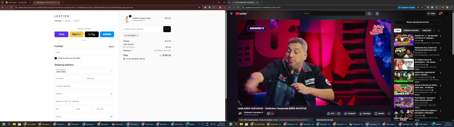 Les Tien promo code screenshot showing code LESTIEN25 applied at Les Tien checkout page. Uploaded by SimplyCodes community member PennyWizard1195 on Nov 19, 2025