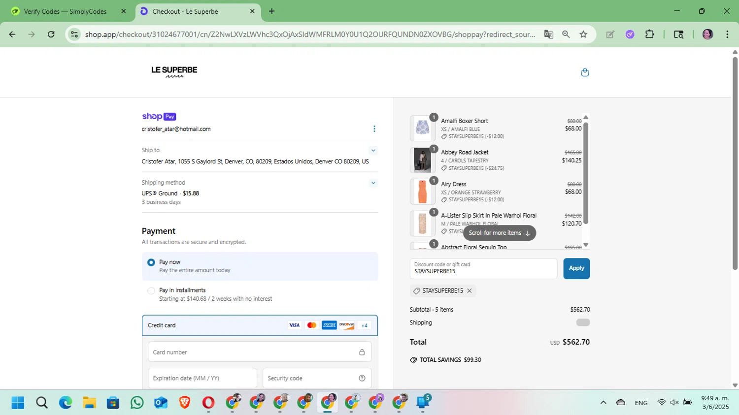 Le Superbe promo code screenshot showing code STAYSUPERBE15 applied at Le Superbe checkout page. Uploaded by SimplyCodes community member Mari_perez on Jun 3, 2025