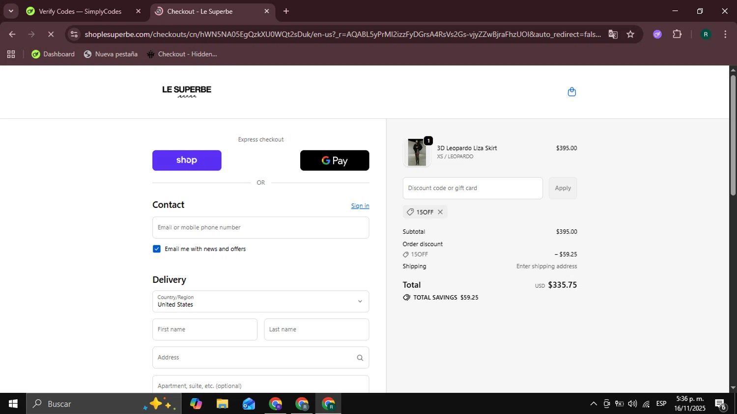 Le Superbe promo code screenshot showing code 15OFF applied at Le Superbe checkout page. Uploaded by SimplyCodes community member Coneflavols on Nov 16, 2025