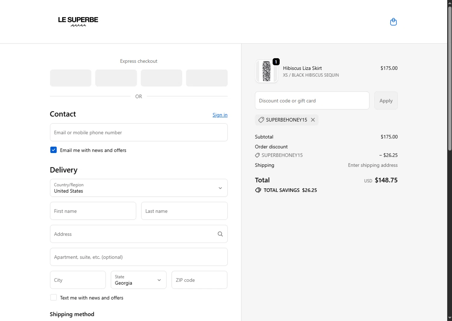 Le Superbe promo code screenshot showing code SUPERBEHONEY15 applied at Le Superbe checkout page. Uploaded by SimplyCodes community member SwiftTracker8156 on Oct 1, 2025