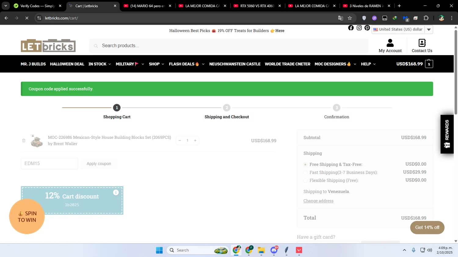 Letbricks coupon code screenshot showing code EDM15 applied at Letbricks checkout page. Uploaded by SimplyCodes community member franalepe on Oct 2, 2025