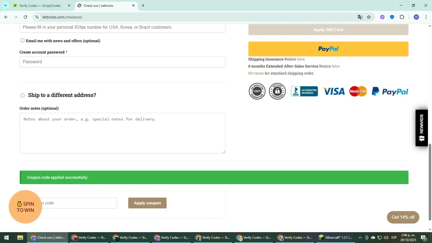 Letbricks coupon code screenshot showing code themocmaker applied at Letbricks checkout page. Uploaded by SimplyCodes community member QuestDefender2661 on Oct 29, 2025