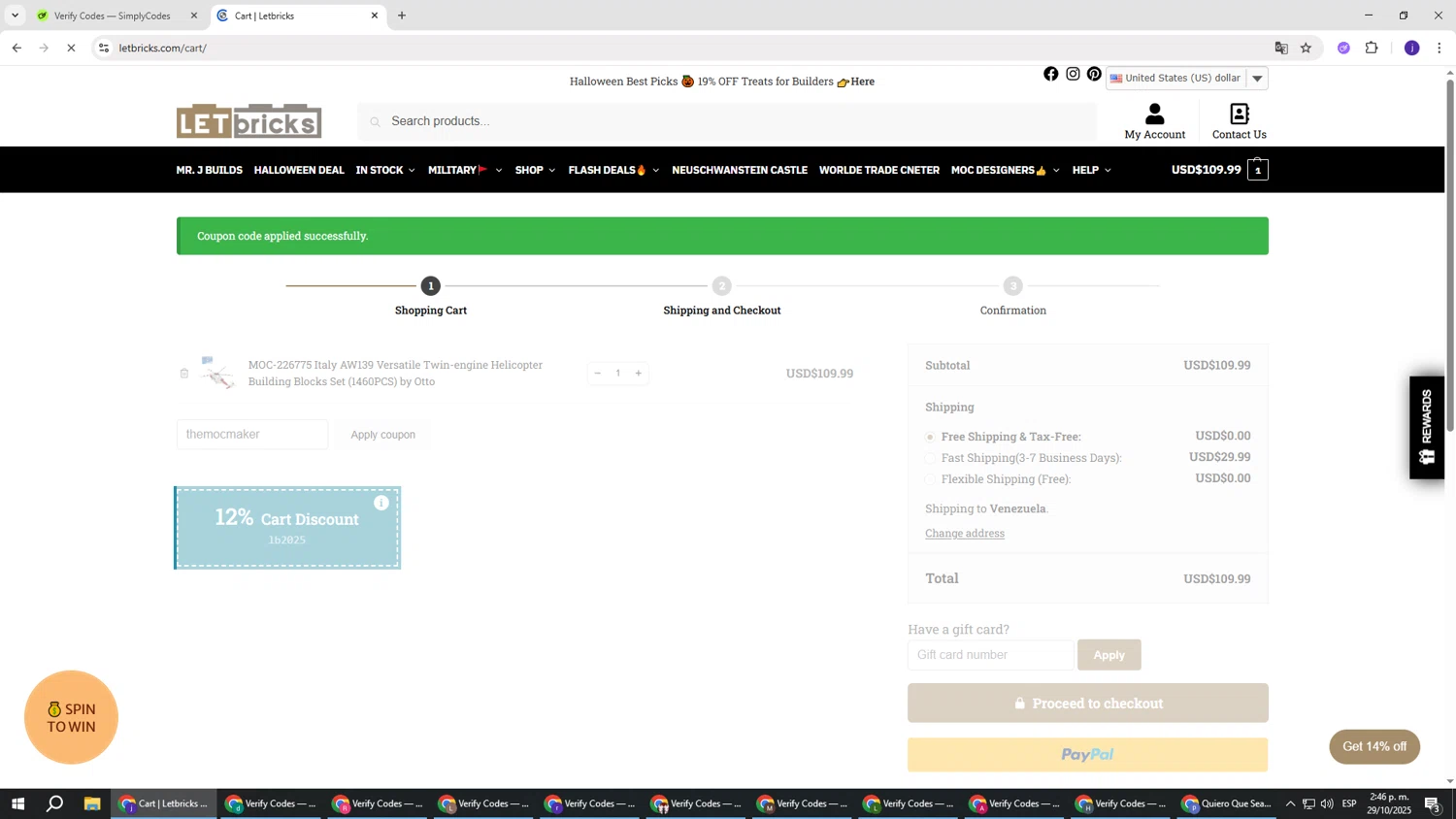 Letbricks coupon code screenshot showing code themocmaker applied at Letbricks checkout page. Uploaded by SimplyCodes community member simplycodesssss on Oct 29, 2025