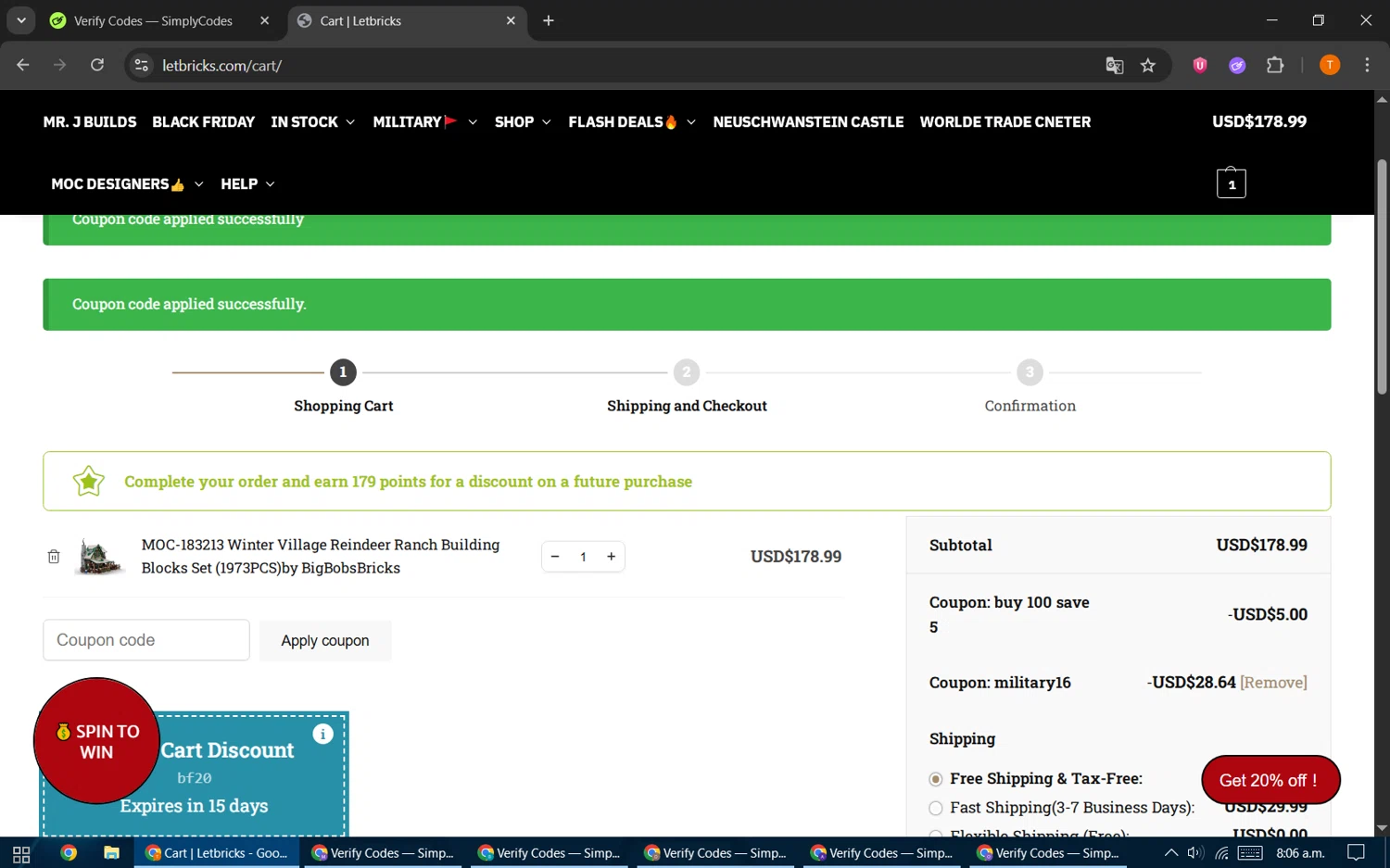 Letbricks coupon code screenshot showing code military16 applied at Letbricks checkout page. Uploaded by SimplyCodes community member EpicHero3141 on Nov 16, 2025
