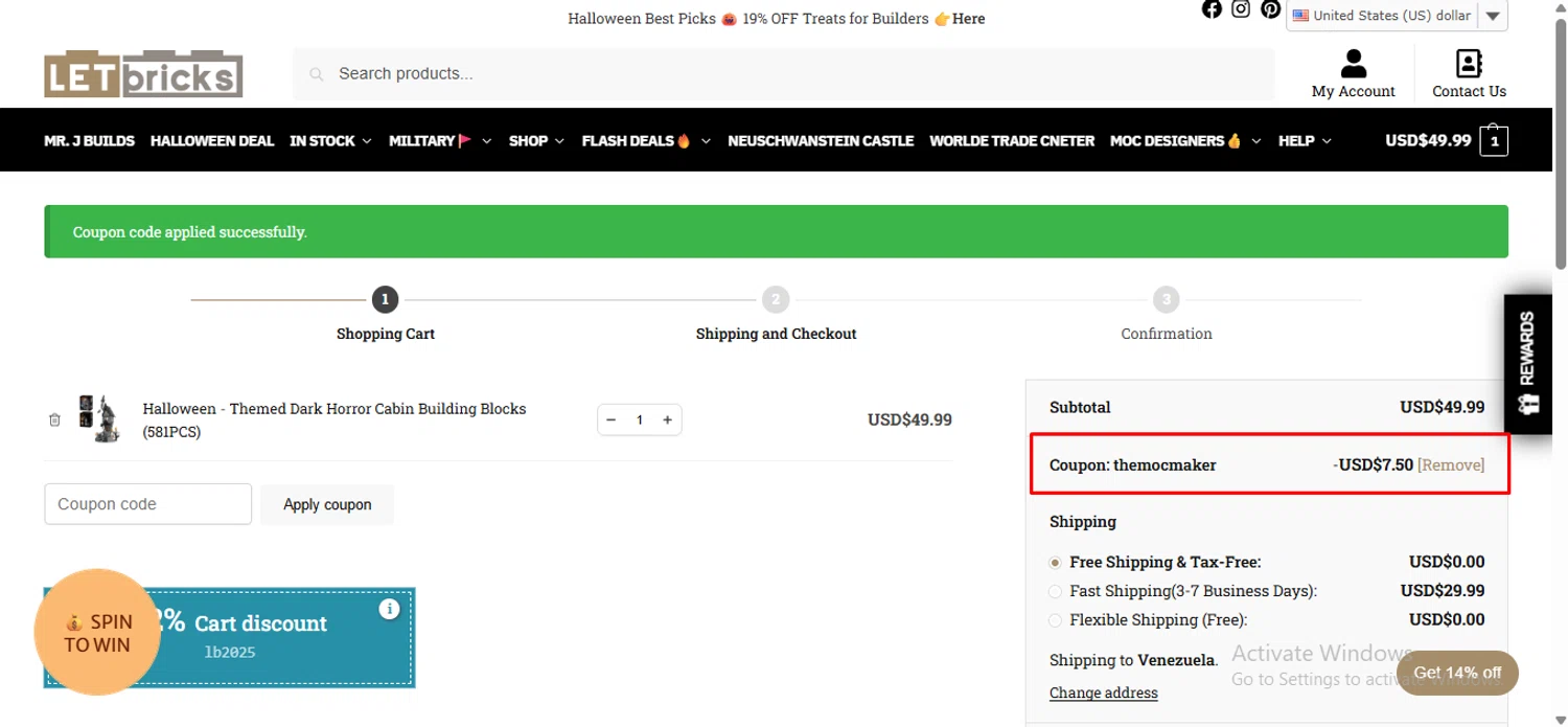 Letbricks coupon code screenshot showing code themocmaker applied at Letbricks checkout page. Uploaded by SimplyCodes community member anosesmith on Sep 30, 2025