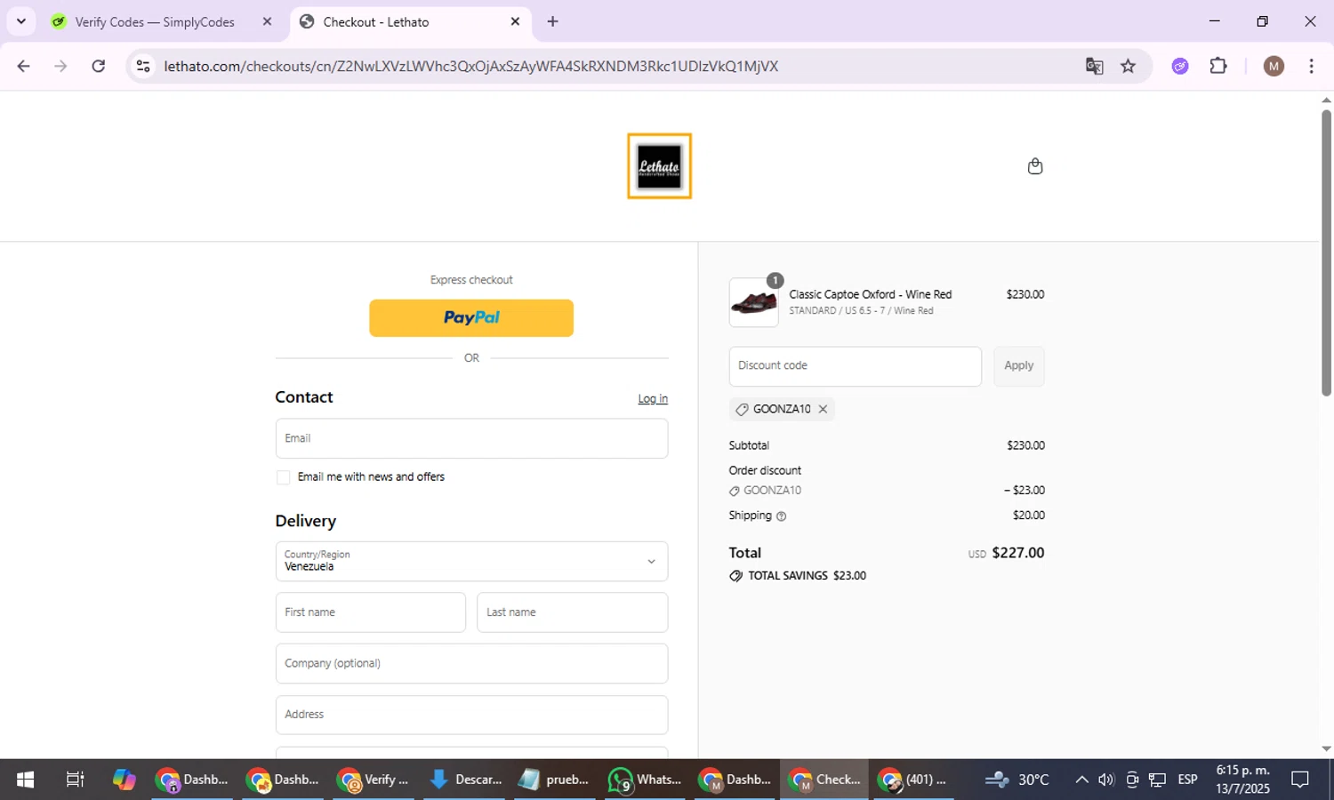 Lethato discount code screenshot showing code GOONZA10 applied at Lethato checkout page. Uploaded by SimplyCodes community member VoucherExpert8533 on Jul 13, 2025