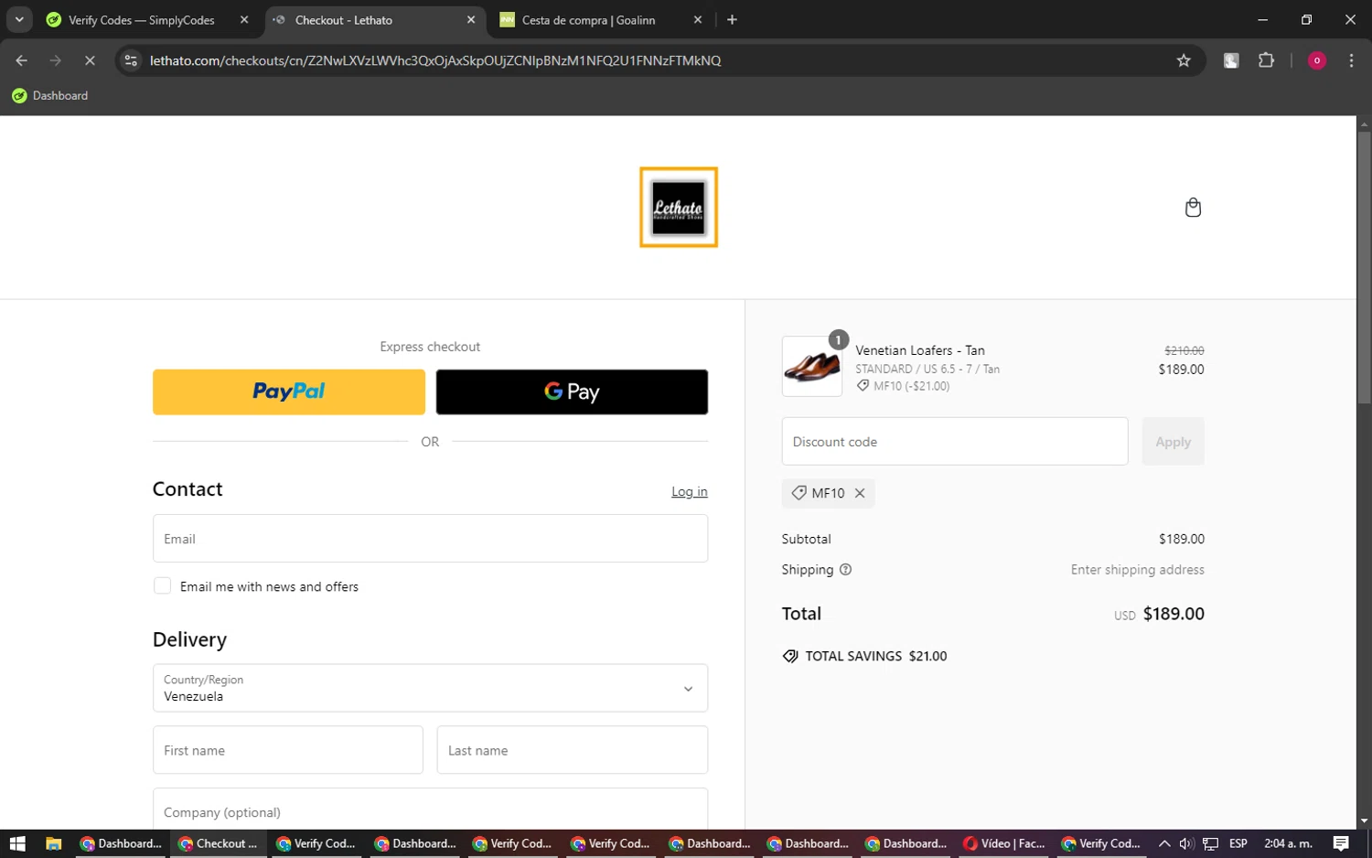 Lethato discount code screenshot showing code MF10 applied at Lethato checkout page. Uploaded by SimplyCodes community member RebateSpotter9164 on Jan 28, 2025