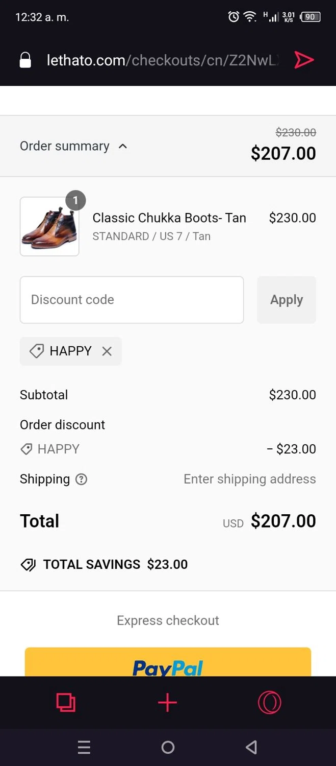Lethato discount code screenshot showing code HAPPY applied at Lethato checkout page. Uploaded by SimplyCodes community member CoinSaver6395 on Jan 29, 2025