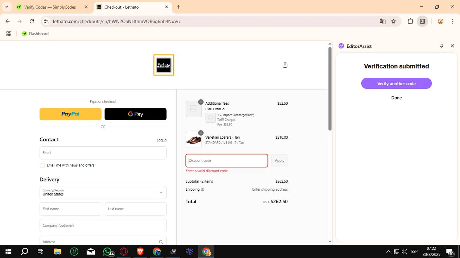 Lethato discount code screenshot showing code LETHATO applied at Lethato checkout page. Uploaded by SimplyCodes community member Crchirino1 on Aug 30, 2025