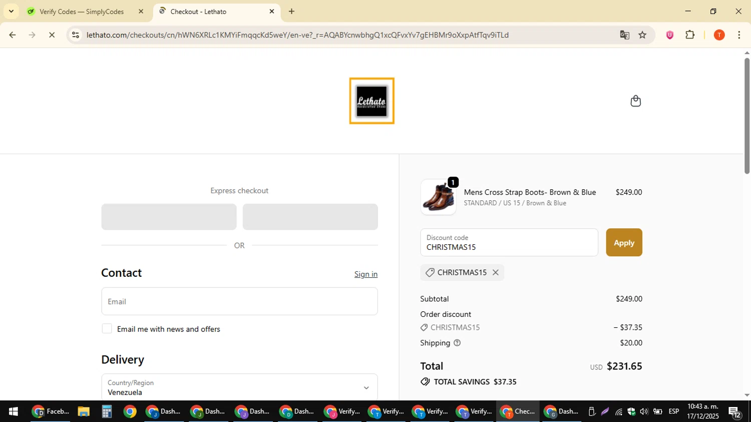 Lethato discount code screenshot showing code CHRISTMAS15 applied at Lethato checkout page. Uploaded by SimplyCodes community member ShrewdAce8338 on Dec 17, 2025