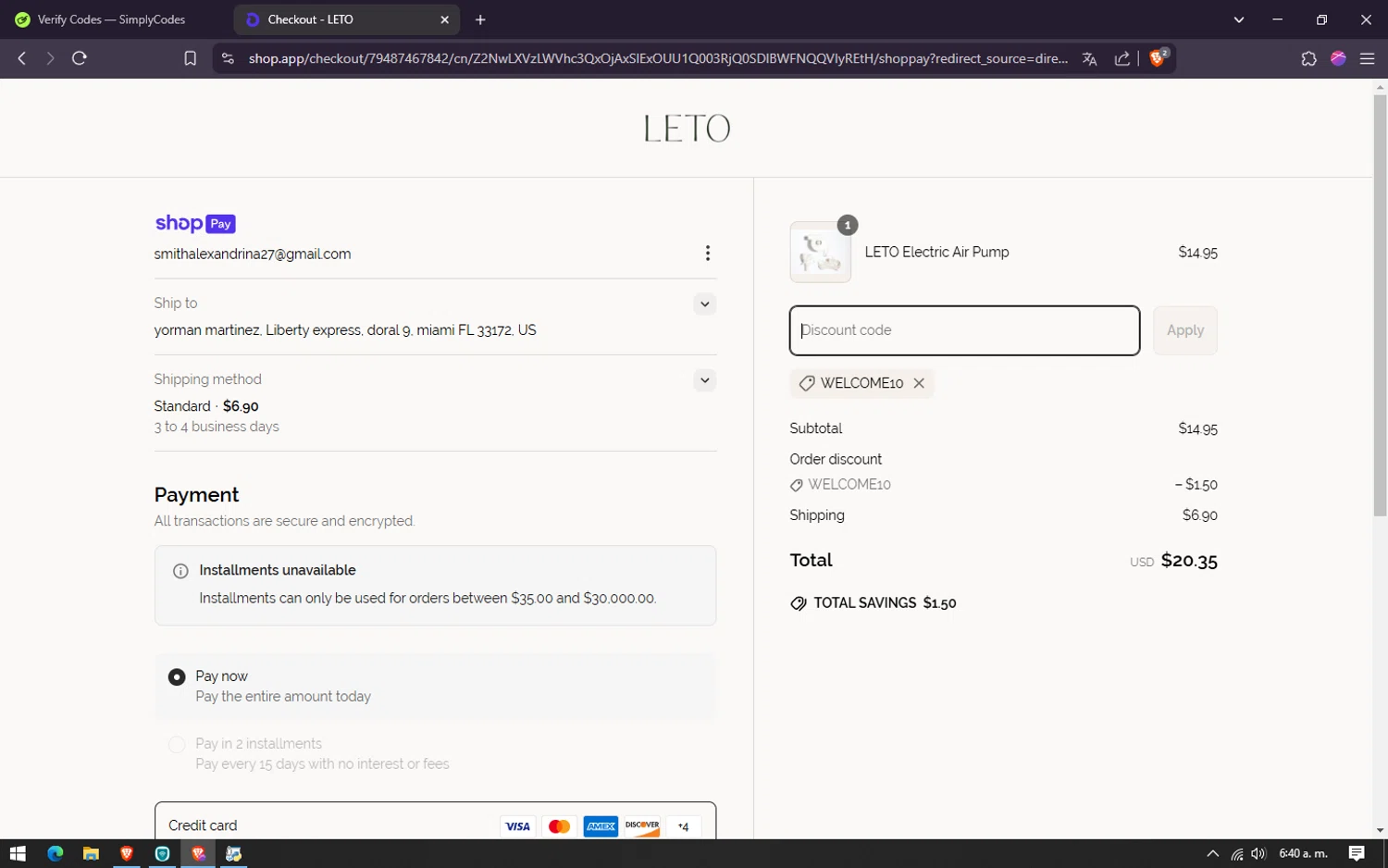 LETO promo code screenshot showing code WELCOME10 applied at LETO checkout page. Uploaded by SimplyCodes community member lareinadecupones on Mar 23, 2025