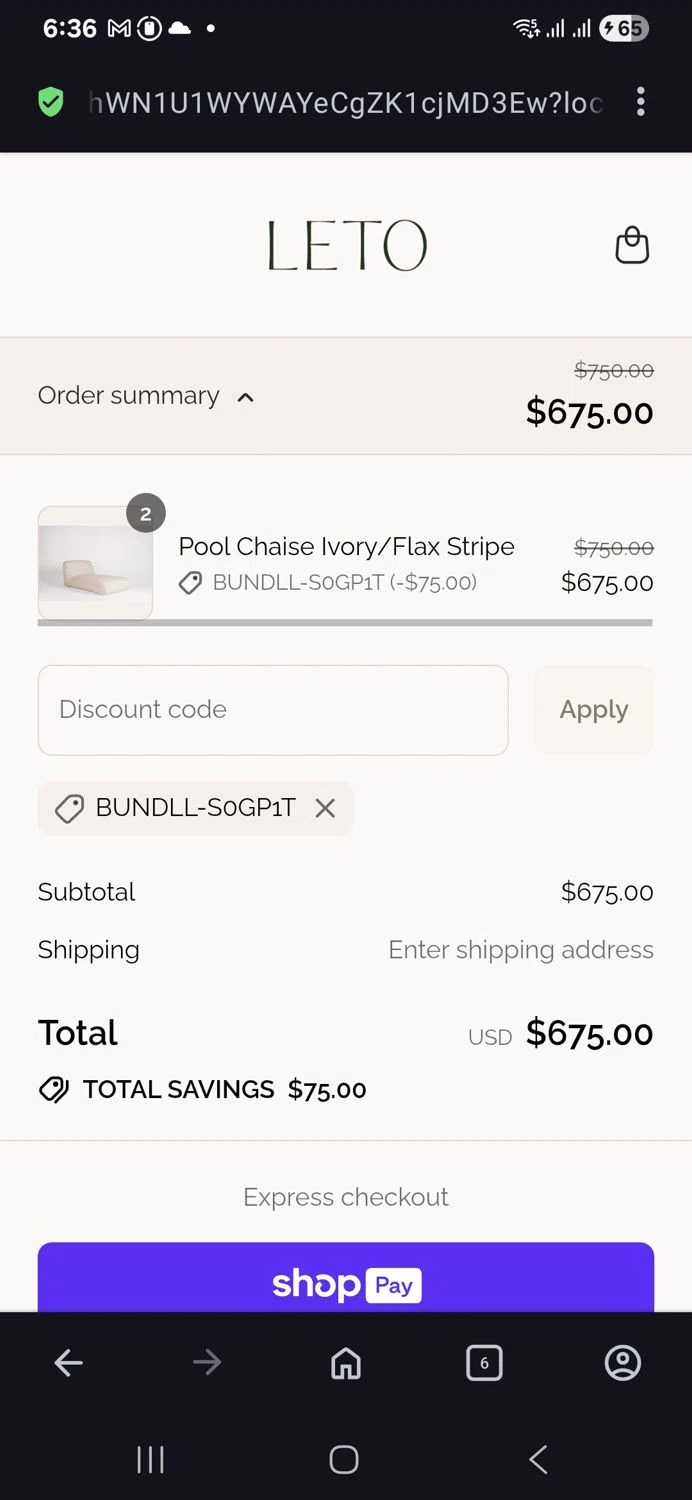 LETO promo code screenshot showing code BUNDLL-S0GP1T applied at LETO checkout page. Uploaded by SimplyCodes community member vida5254427716958 on Aug 6, 2025