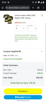 Le Tour De France coupon verification screenshot