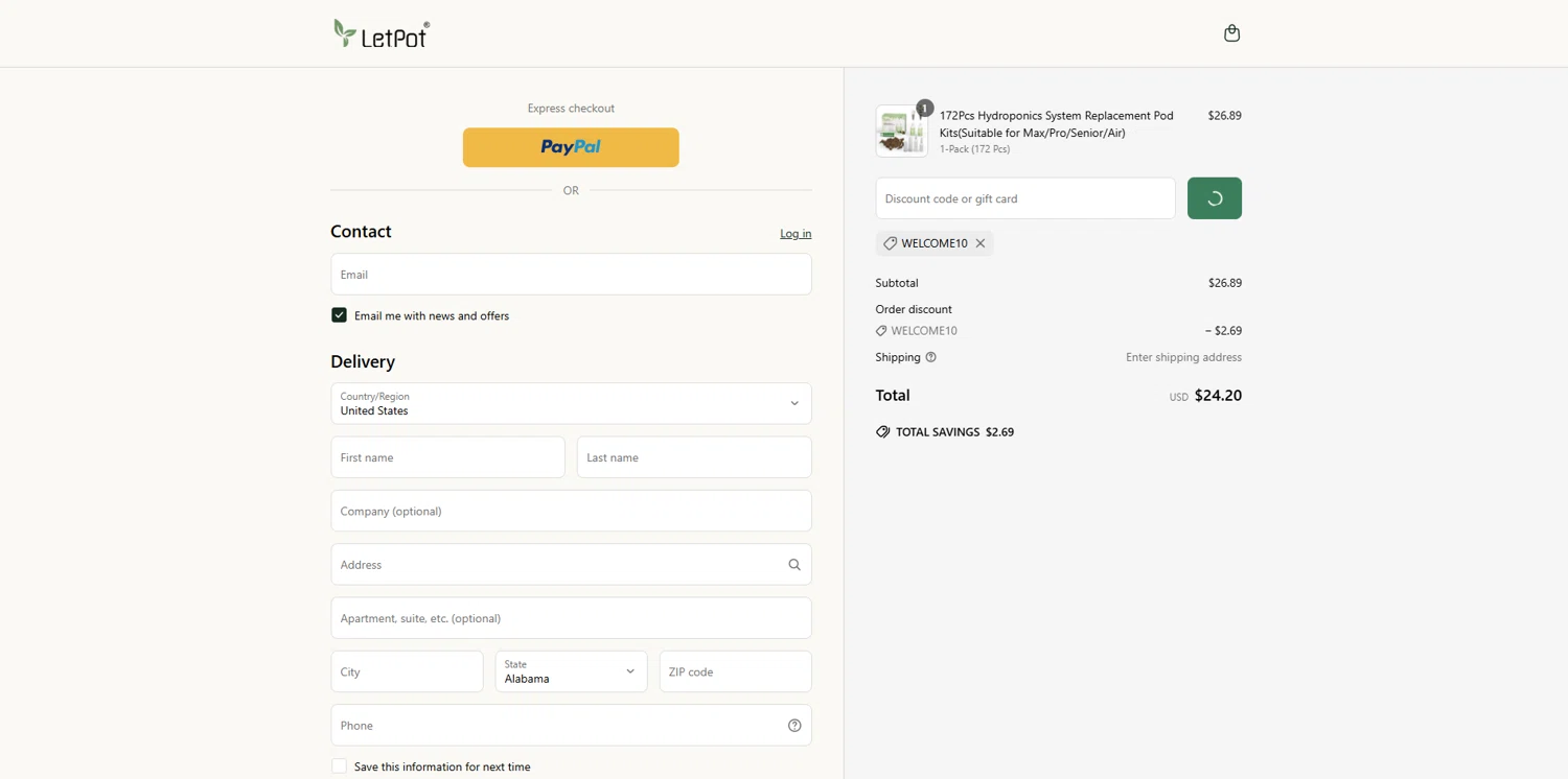 LetPot discount code screenshot showing code WELCOME10 applied at LetPot checkout page. Uploaded by SimplyCodes community member EpicTitan8654 on Jun 16, 2025