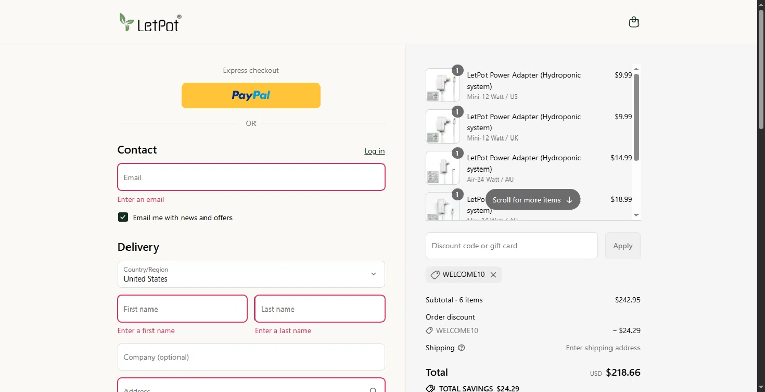 LetPot discount code screenshot showing code WELCOME10 applied at LetPot checkout page. Uploaded by SimplyCodes community member LlonardoLotes on Jul 23, 2025