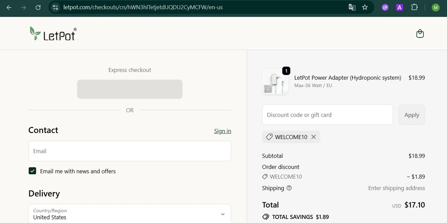 LetPot discount code screenshot showing code WELCOME10 applied at LetPot checkout page. Uploaded by SimplyCodes community member MARCVH on Oct 3, 2025