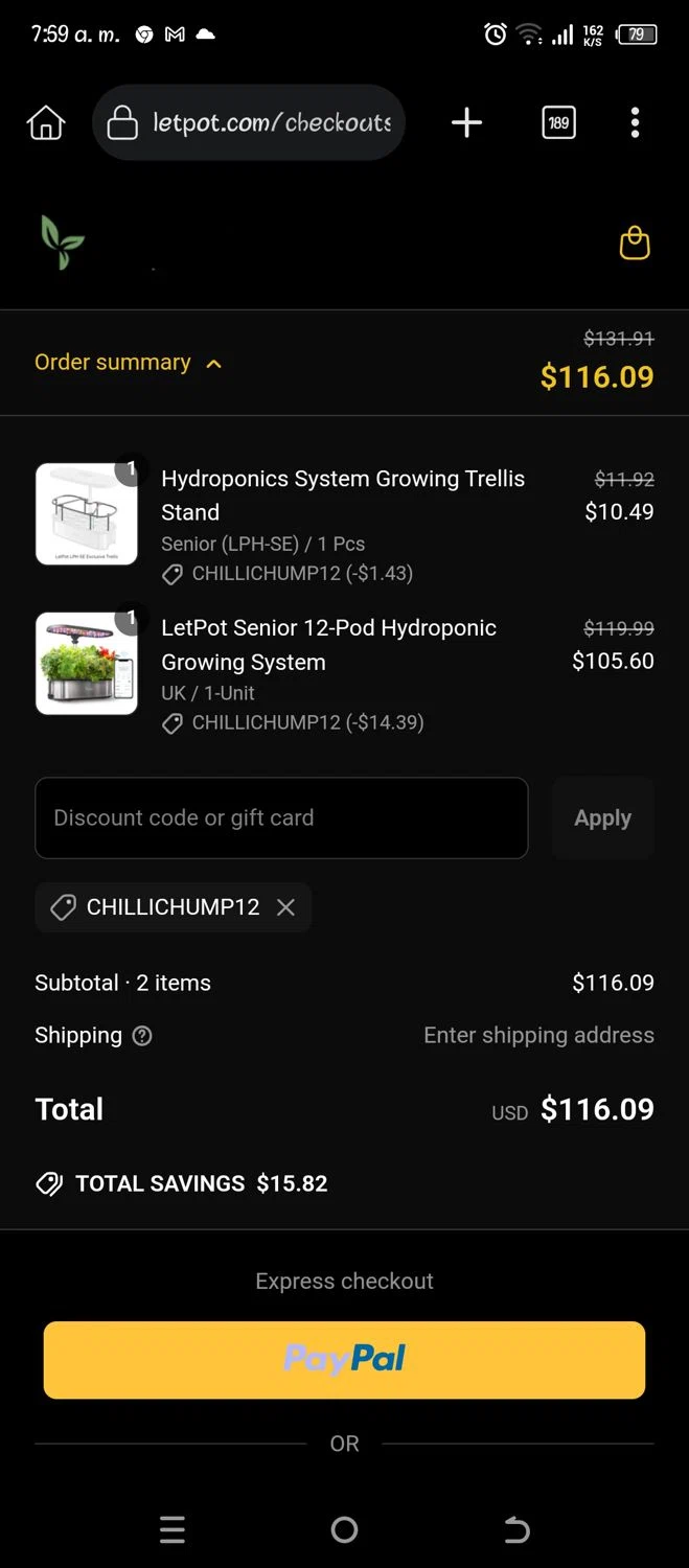 LetPot discount code screenshot showing code CHILLICHUMP12 applied at LetPot checkout page. Uploaded by SimplyCodes community member Pipina11 on Mar 26, 2025