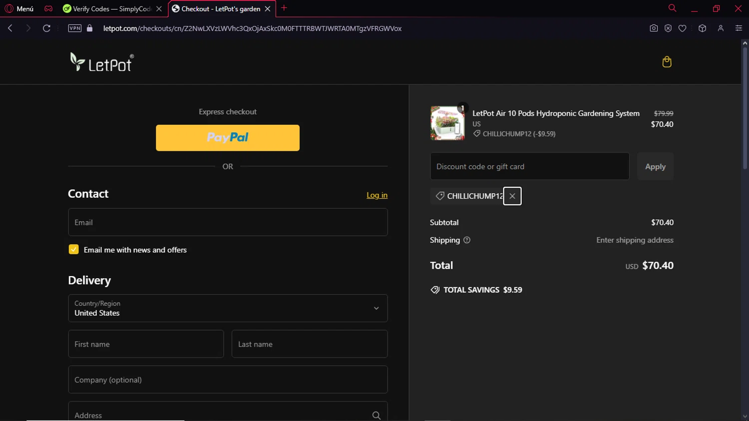 LetPot discount code screenshot showing code CHILLICHUMP12 applied at LetPot checkout page. Uploaded by SimplyCodes community member GoldPro6514 on Dec 27, 2024