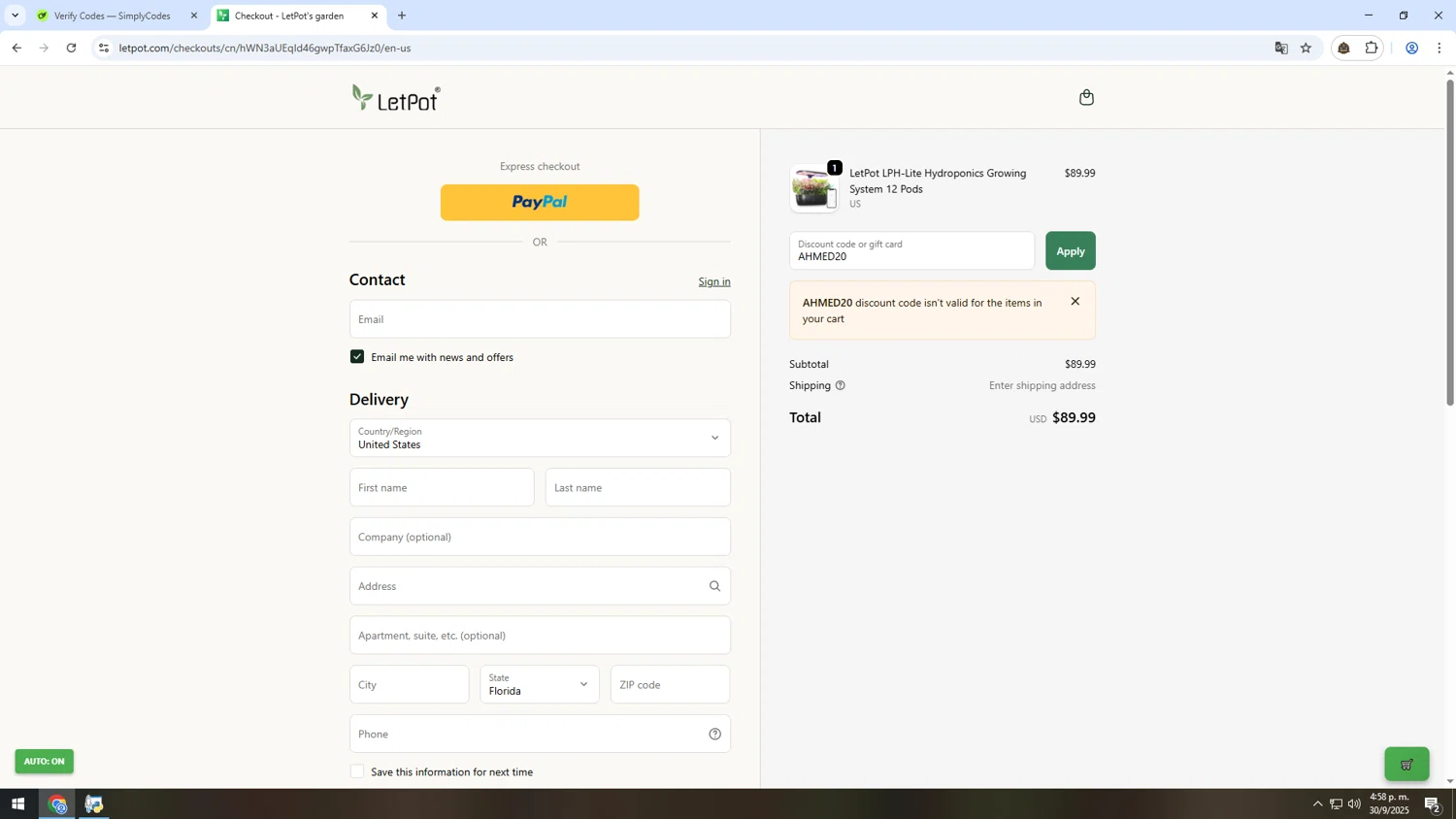 LetPot discount code screenshot showing code AHMED20 applied at LetPot checkout page. Uploaded by SimplyCodes community member INSECTOS on Sep 30, 2025