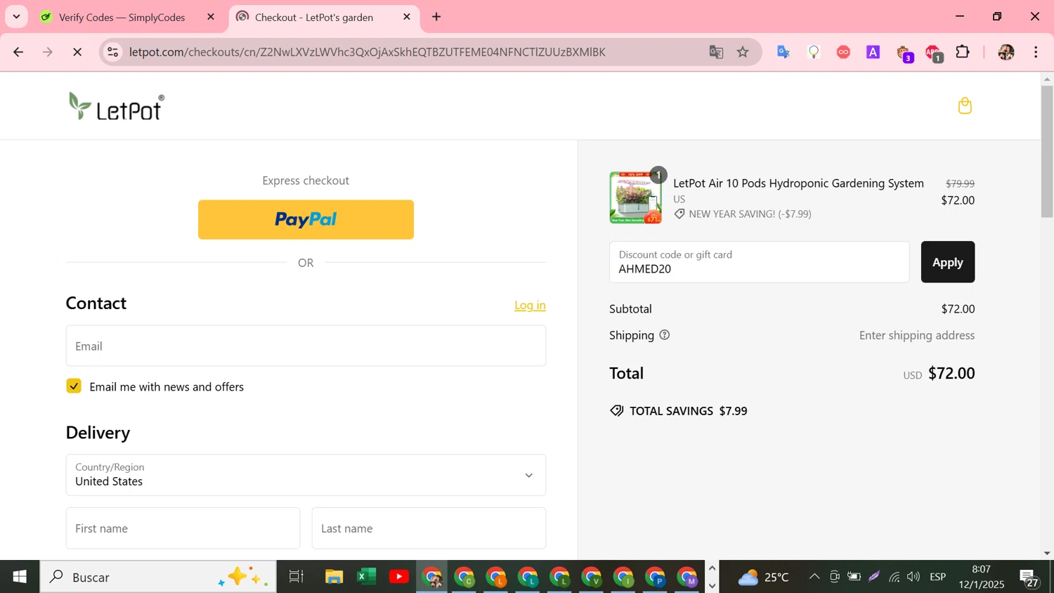 LetPot discount code screenshot showing code AHMED20 applied at LetPot checkout page. Uploaded by SimplyCodes community member Susejprimera on Jan 12, 2025