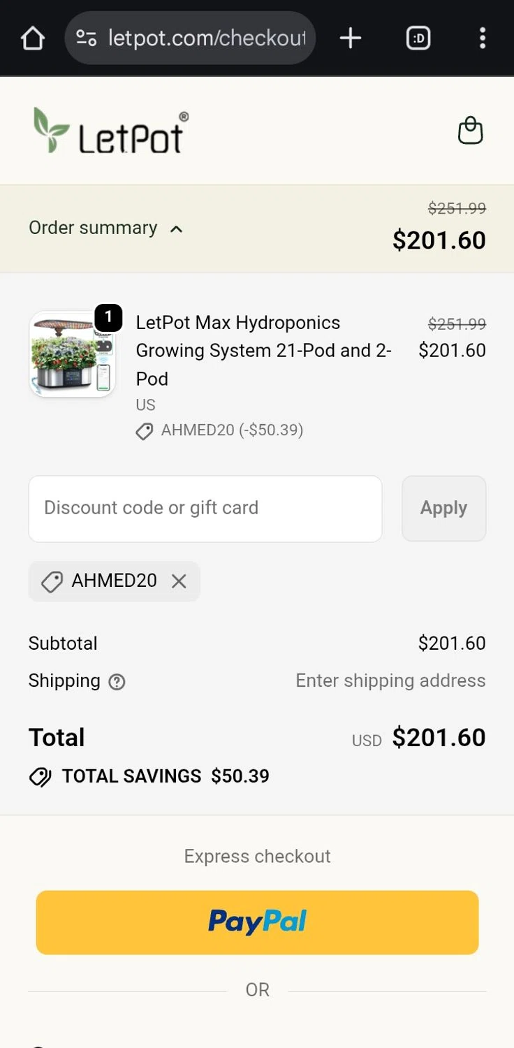 LetPot discount code screenshot showing code AHMED20 applied at LetPot checkout page. Uploaded by SimplyCodes community member ValiantCurator3344 on Sep 30, 2025