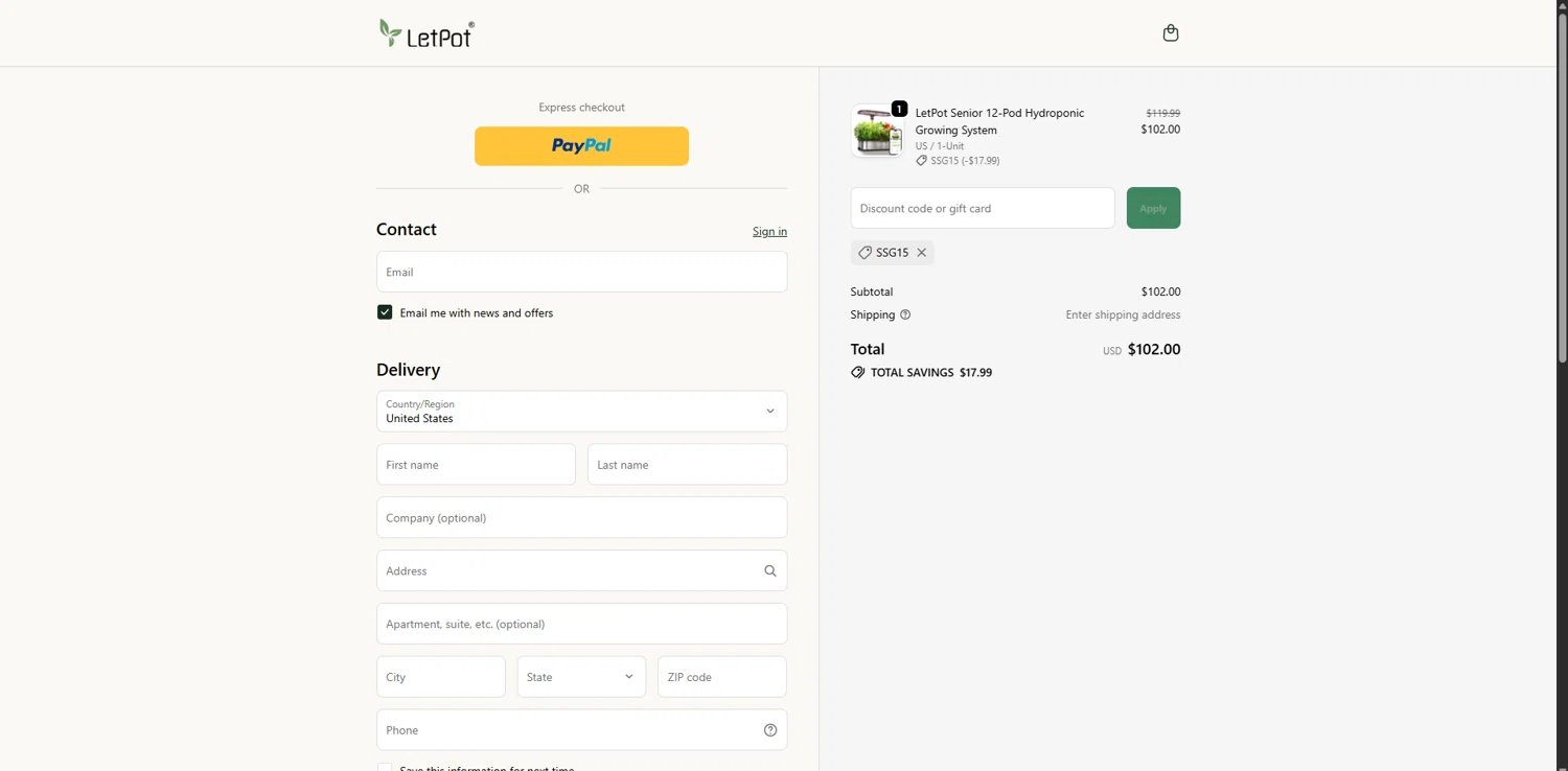 LetPot discount code screenshot showing code SSG15 applied at LetPot checkout page. Uploaded by SimplyCodes community member FortunateDefender7285 on Dec 6, 2025